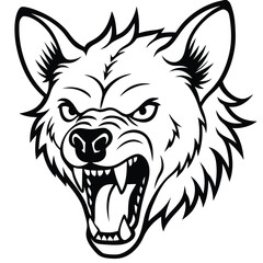 Aggressive Hyena Head Open Mouth, Sharp Teeth, Black and White Design