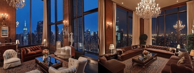 Fototapeta premium Luxury Penthouse Apartment with Breathtaking City Views at Night