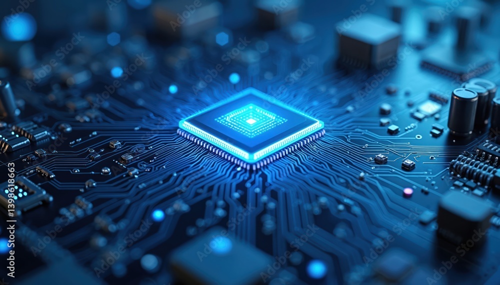 Aufkleber Futuristic blue circuit board with CPU, central processing unit. Motherboard computer chips, technology science background. Processor core with glowing neon lights. Concept of electrical engineering,