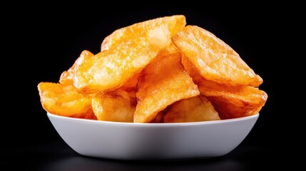 A pile of golden crispy potato wedges served in a white bowl, close-up shot with a dark background, and appetizing and delicious snack concept.