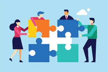 Cartoon illustration, business teamwork, puzzle pieces, colorful jigsaw, collaborative problem-solving, diverse team members, flat design, minimalist style, corporate metaphor, blue background, 