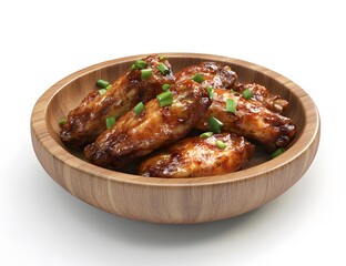 Chicken wings in wooden bowl with green garnish against a white background.