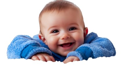 a portrait of a baby wrapped in a blue towel smiling at the camera on a transparent background, PNG image, PNG file, Generative art.