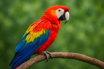 Vibrant Scarlet Macaw Perched on a Branch in Lush Green Surroundings During Daytime