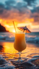 Enjoying a vibrant pina colada cocktail at sunset by the beach. Generative AI