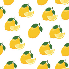 Lemon pattern, lemon background. Seamless pattern with yellow citrus fruits with green leaf on white background. Vector cartoon flat illustration
