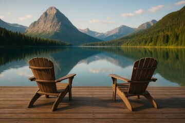 Relaxing Wooden Chairs Overlook Tranquil Lake With Mountain Backdrop Under Clear Blue Sky