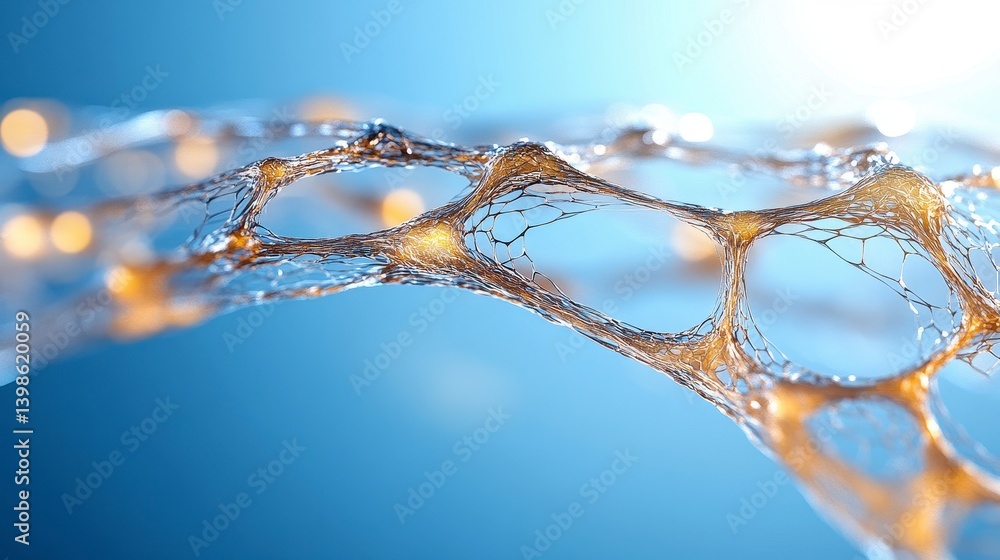 Poster abstract network of golden nodes and interconnected lines on gradient blue backdrop
