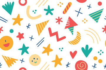 Cheerful Geometric Shapes Pattern Stars, Circles, Triangles on White Background
