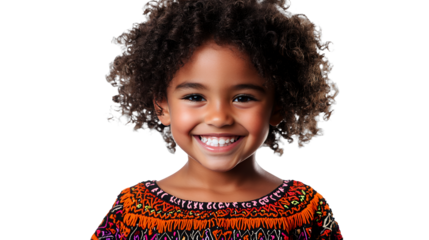 a portrait of a young black child smiling with curly hair photo on a transparent background, PNG image, PNG file, Generative art.