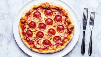 Overhead shot of a pepperoni pizza on a white plate with two forks on marble surface. The pizza features red pepperoni and a golden crust. Soft lighting.
