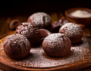 Egg-shaped brownies coated in milk chocolate glaze, placed on a wooden board with a sprinkling of powdered sugar