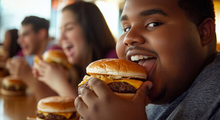 A group of people are eating hamburgers. The African American man in the center is holding a large hamburger and is a little overweight