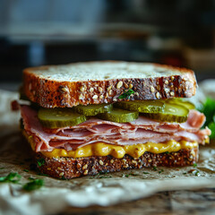 Close-up of a gourmet ham and cheese sandwich with pickles.