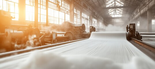 Panoramic View of a Large Textile Mill with Spinning Machines and Factory Buildings Surrounded by Trees and Clear Blue Sky in the Background