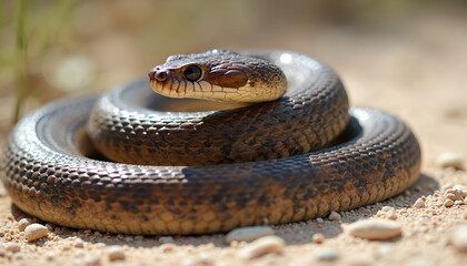 Obraz premium Eastern diamondback rattlesnake coiled on sandy ground. Venomous reptile in defensive pose, tongue out ready to strike. Wildlife portrait of dangerous snake in natural habitat, predator, venom.