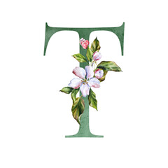 Floral Alphabet letter with botanical bouquet apple flowers. Wedding watercolor hand painted invitations, pink, purple, coral, greeting card, birthday, logo, poster 