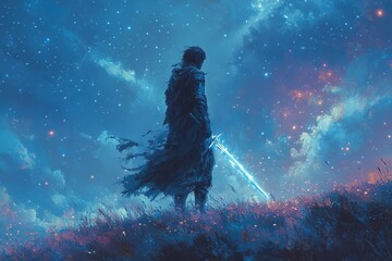 Fototapeta premium Hero with a sword that shines like stars A great warrior stands on the top of a hill, his sword shines like stars. His face is covered, and his gaze is filled with determination. 