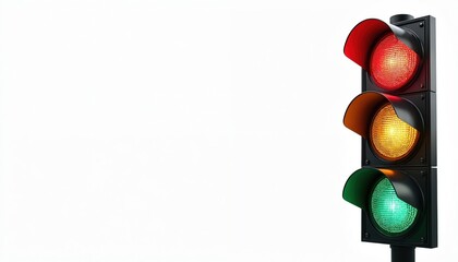 Traffic light with red yellow and green lights on white background. Regulation, safety, control, transportation. Road sign, direction, signal. Stop, caution, go. Concept for urban life.