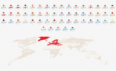 Obraz premium National Flags and Folded Paper Maps of Europe, Complete Collection of Map and Flag