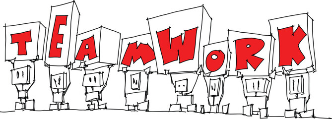 hand drawn sketch of team of robots performing TEAMWORK