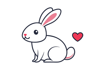 Obraz premium Cute White Rabbit Sitting with Red Heart, Lovely Cartoon Animal on White