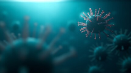 Influenza virus displayed in a sterile blue setting features spike proteins and overlays that highlight key symptoms and prevention methods for public health awareness