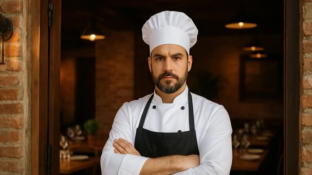 Culinary Confidence: A seasoned chef, radiating expertise and focus, stands poised in the doorway of his restaurant, ready to orchestrate a culinary experience. 