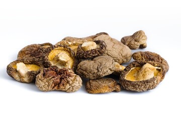 An elegant composition of dried shiitake mushrooms on white, emphasizing natural texture and earthy, umami colors.