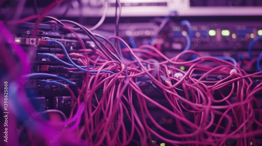 Poster Close-up view highlights the intricate arrangement of vibrant cables and connectors within a server rack, reflecting advanced technology and organization
