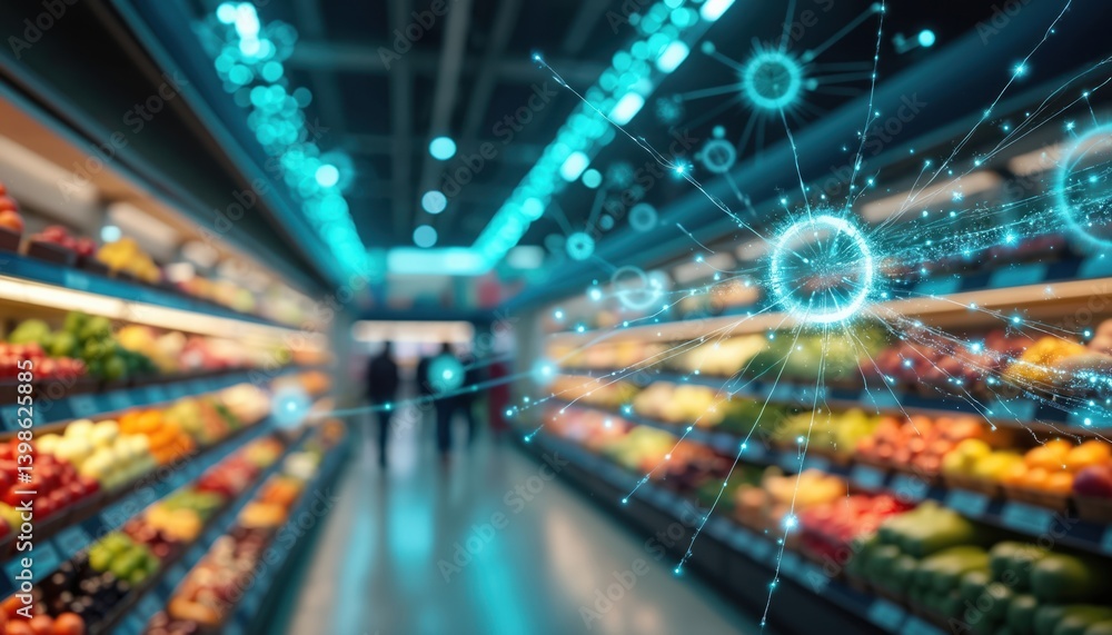 Aufkleber abstract network of connection over grocery supermarket aisle. fruits vegetables visible in backgrou