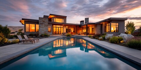 Fototapeta premium Modern Home with Pool at Sunset