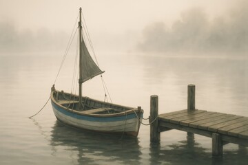 Fototapeta premium Calm Morning on the River With a Fishing Boat Anchored Near a Dock in Misty Surroundings