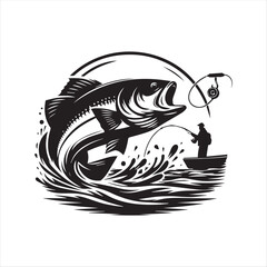 Vintage Fishing Logo with Jumping Fish and Fisherman.