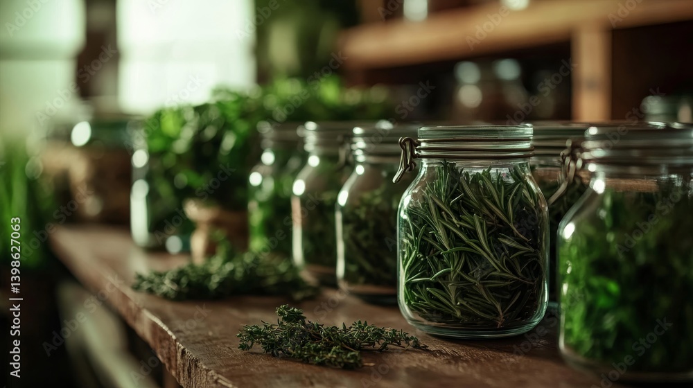 Poster fresh rosemary and various dried herbs are artfully displayed in glass jars on a rustic wooden table