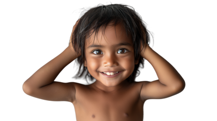 a young girl with no shirt on smiling with her hands on her face and head photo on a transparent background, PNG image, PNG file, Generative art.