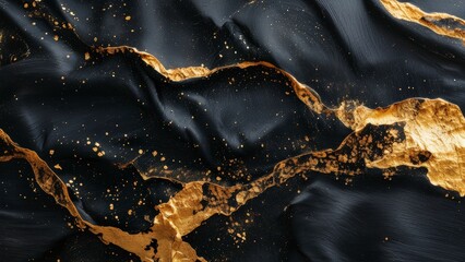 A luxurious black and gold abstract design with dynamic, flowing lines and splashes of gold, creating a sense of movement and opulence.