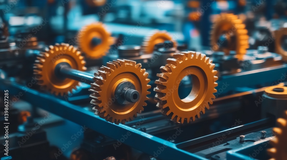 Poster Golden metallic gears interlock on a dark industrial backdrop, highlighting detailed textures and showcasing the complexity of mechanical design in a factory