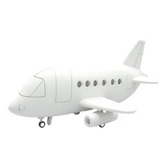 A minimalistic white airplane model with visible windows and landing gear on a black background plain design on transparent background