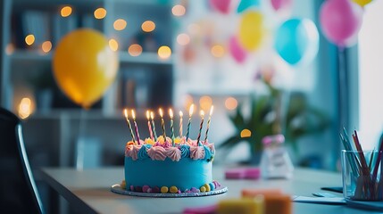 Bright office desk with happy anniversary celebrations.