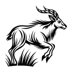 Black & White of Running Ibex with Long Curvy Horns in Grass Minimal