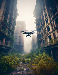 A black drone hovers steadily between two tall, decaying buildings in an overgrown, abandoned city street, capturing footage of a post-apocalyptic urban environment overtaken by nature.