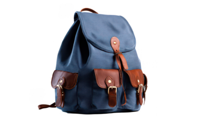 Blue backpack with brown leather details isolated on a white background, png