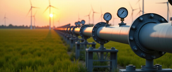 A pipeline stretches across a lush green field, set against a backdrop of wind turbines and a vibrant sunset.