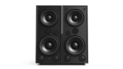Fototapeta premium Two black speakers with circular drivers against a white backdrop