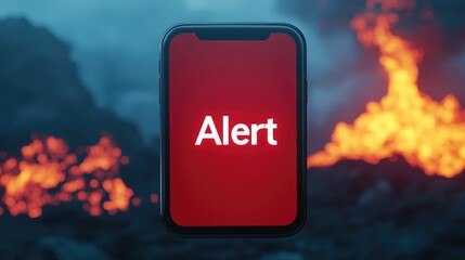Mobile phone displaying an emergency alert against a backdrop of fire and volcanic landscape