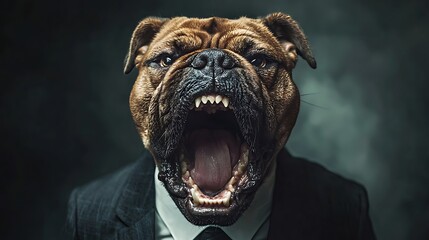 Bulldog dressed in a business suit, shouting at subordinates. Powerful expressions. Generative AI.