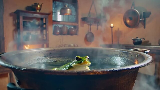 A calm frog boiling in a steaming pot in a rustic kitchen. symbol of activity and passivity against social and political situations	