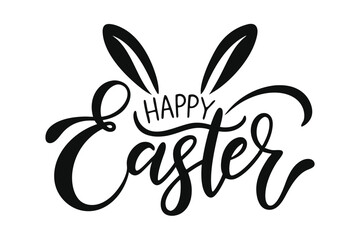 Obraz premium Happy Easter Text with Bunny Ears in Black Ink, Elegant Calligraphy, Isolated Design