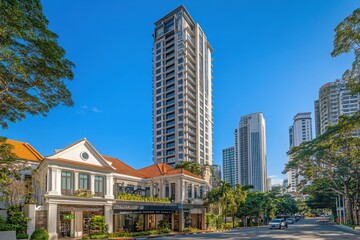 Fototapeta premium A street view of Singapore's Ellison Road, showcasing the mix between traditional handmade shops and new high-rise buildings, with clear blue skies in the background Generative AI
